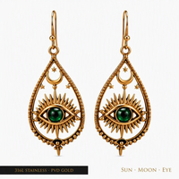 Boucles d'oreilles pendantes Mystiques Œil Céleste en Acier Inoxydable 316L, Résine Verte, Plaqué Or PVD, Bijoux Soleil Lune Étoile, Personnalisables OEM ODM