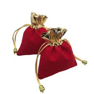 2.8x3.6 Inches Recyclable Red Velvet <b>Drawstring</b> <b>Bags</b> with Golden Rim Jewelry Pouches for Earrings Stamping Wedding Birthday - Product Image 3