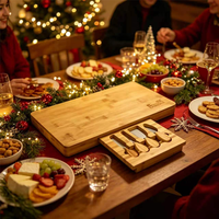Ensemble de planches à fromage en bambou avec 4 couteaux à fromage, plateau à charcuterie avec tiroir coulissant