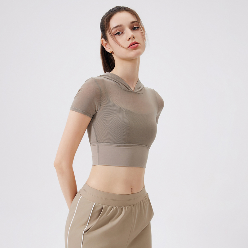 XW-DX3257 New Design Ladies Short Sleeve Sports Hoodie Mesh Paneling Women's Crop Top with Build in Bra Slim Fit Yoga T Shirt