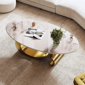 Mesa de <span class=keywords><strong>Centro</strong></span> Ovalada de Piedra Sinterizada de 49.2 Pulgadas, Base de Acero Inoxidable Dorado Contemporáneo, <span class=keywords><strong>Centro</strong></span> Moderno para Sala de Estar - Product Image 6