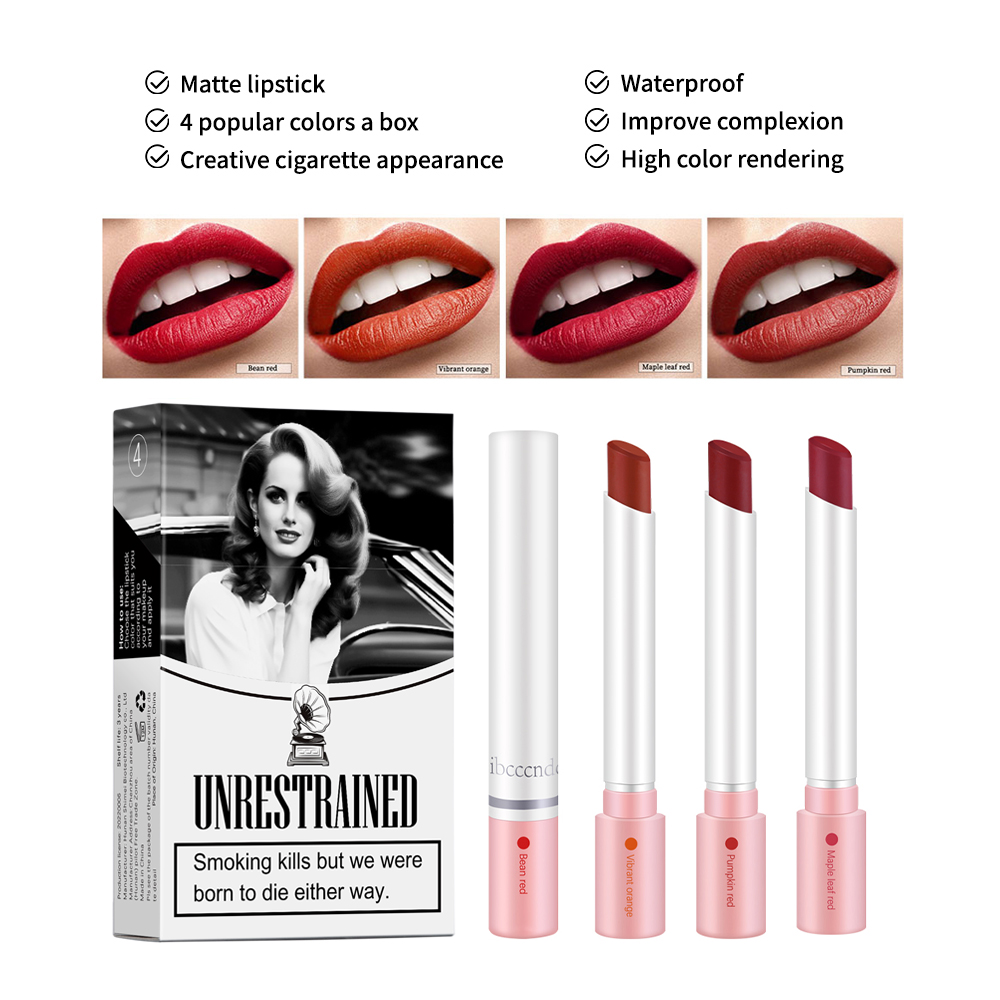 Cigarette Lipstick Set: 4 Colors of Long Lasting Waterproof Matte Lipstick  for Daily Makeup