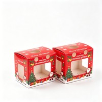 Boîte cadeau de Noël rouge, boîte carrée en carton blanc avec fenêtre, design festif classique, boîte d'emballage avec impression de Père Noël