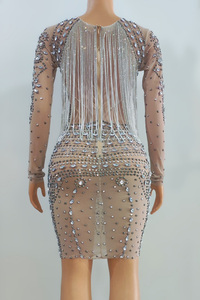 Robe de soirée sexy en maille transparente brillante avec diamants, maille extensible, robe de performance pour boîte de nuit - Product Image 2