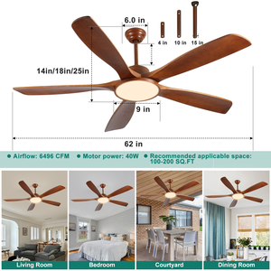 Ventilateur de plafond HC 62 pouces avec lumière LED, 5 pales en bois, moteur DC, télécommande et application pour la maison et l'hôtel - Product Image 4