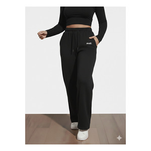 Pantalon de survêtement noir à jambes larges pour femme, en tissu Lycra, coupe confortable, tenue décontractée - Product Image 2