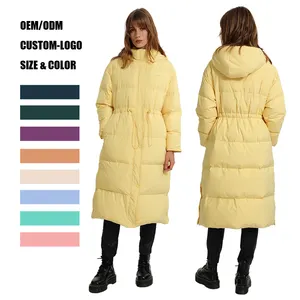 Fashion Button Design Hooded Zipper Yellow Color Long Size OEM Supplier Waterproof Wome Down Jacket