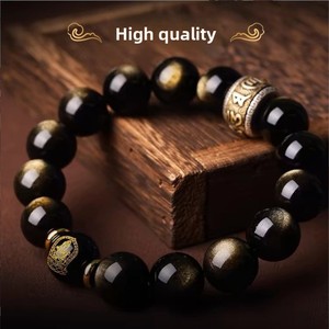Bracelet en obsidienne naturelle authentique, directement de l'usine ; Bracelet en obsidienne dorée pour homme ; Bracelet unisexe avec perles du zodiaque Serpent - Product Image 2