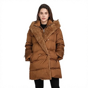 Brown <b>Long</b> Puffer <b>Jacket</b> With Faux Fur Collar Zipper Closure Windproof Winter Coat Casual Loose Fit Unisex - Product Image 1