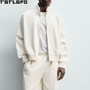 Cut And Sew Mock Neck <b>Full</b> <b>Zip</b> <b>Sweatshirt</b> Men Cream Boxy Fit Men'S Hoodies & <b>Sweatshirts</b> Manufacturers Bulk - Product Image 4