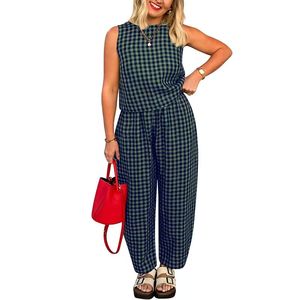 Ensemble de vêtements de détente 2 pièces pour femmes printemps été rayonne imprimé à carreaux débardeur sans manches et pantalon court à jambes larges grande taille - Product Image 6