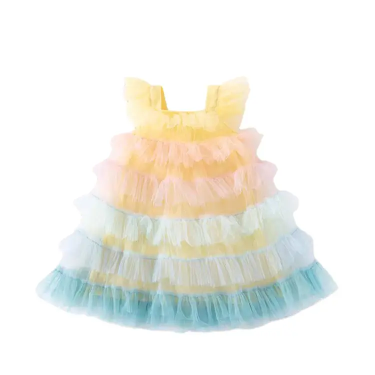 Beste Nieuwe Product Van 2024 Kleurrijke Flying Mouw Tutu Cake Jurk Nieuwste Kinderen Jurk Ontwerpen