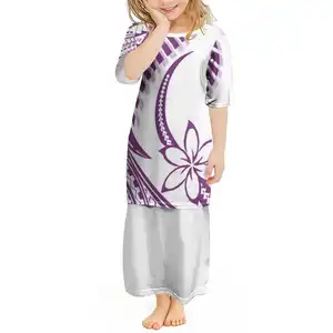 夏威夷风格儿童Puletasi萨摩亚Ptaha Plumeria印花女婴连衣裙白色周日儿童传统服装套装