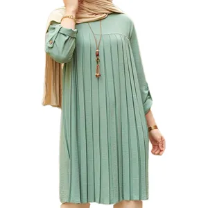 Em stock Médio Oriente New Muslim Mulheres Casual plissado solto manga comprida em torno do pescoço Top Plus Size