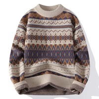Sweater Pria Vintage Model Longgar Kerah Bulat Trendy Jepang Warna Kontras Anti Pilling Streetwear Rajutan