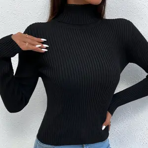OEM-Großhandel individuelles Rippenmuster Strick einfache Strickware Damen Slim-Fit Rückenbedeckung Langärmelig Basis-Sweater