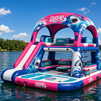 Radeau gonflable coloré à motif vague avec décalcomanie requin, barge de fête à 2 niveaux avec logo pour le plaisir en eau libre