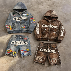 Ensemble court à capuche zippé surdimensionné pour <span class=keywords><strong>homme</strong></span>, avec broderie appliquée personnalisée et strass, effet vieilli, en molleton bouclette délavé à l'acide, style <span class=keywords><strong>vintage</strong></span> - Product Image 1