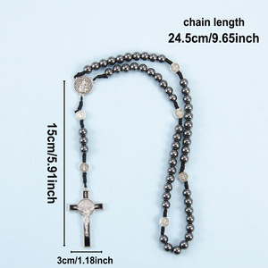 Collier chapelet personnalisé en perles d'hématite noire avec cordon, croix plaquée argent antique, bijoux religieux catholiques <span class=keywords><strong>de</strong></span> <span class=keywords><strong>prière</strong></span> - Product Image 4