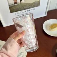 Mignon Verre en Verre Soufflé Motif Chat de Dessin Animé 401-500ml, Tasse à Eau en Verre Sodocalcique avec Imprimé Chat Kawaii Rose et Blanc pour Lait et Jus, Logo Personnalisé