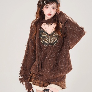<span class=keywords><strong>American</strong></span> <span class=keywords><strong>Vintage</strong></span> Butterfly Patchwork V-neck <span class=keywords><strong>Long</strong></span> Sleeve Sweaters with Scarf Y2k Punk Tassel Spicy Girl Pullovers - Product Image 2