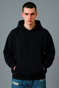 OEM ODM Men's <b>Plain</b> <b>Black</b> 100% Cotton Fleece Pullover <b>Hoodie</b> Long Sleeve Sweatshirt With Kangaroo Pocket Manufacture custom Logo - Product Image 3