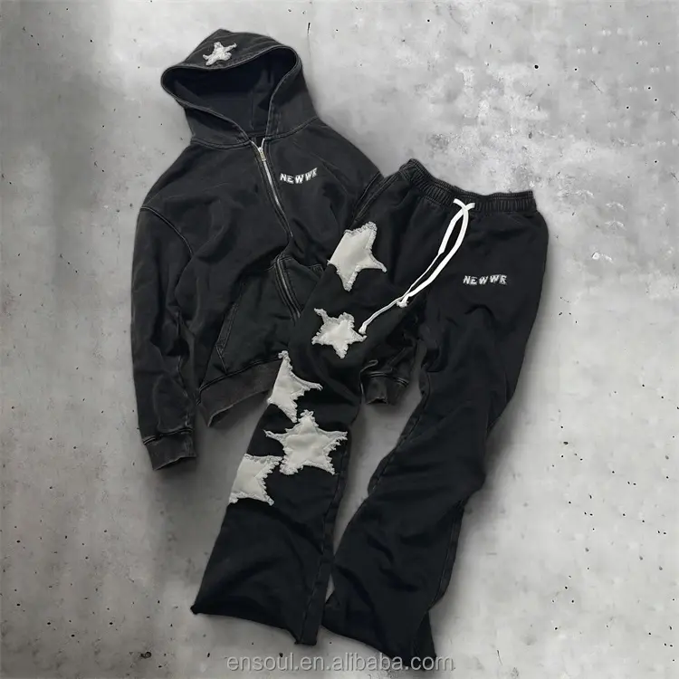 Übergroße hochwertige Unisex Hoodie und Jogginghose Set beschädigte Stickerei Logo gestapelte erweiterte Sweatpants und Hoodie-Sets