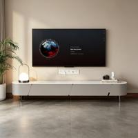 Meuble TV d'angle incurvé de luxe léger, meuble TV moderne en dalle de roche blanche, pieds en métal, console de rangement minimaliste pour salon