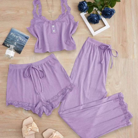 Ensemble pyjama 3 pièces d'été pour femme, cadeau de fête, avec débardeur uni, short et pantalon, orné de dentelle, pour la maison, ensemble de nuit sexy