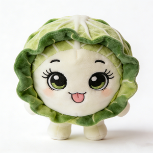 Peluche de chou ronde compacte bicolore personnalisée avec bordure de feuilles vertes à volants, texture de veines brodée, grand œil vert brillant - Product Image 3
