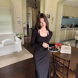 French Style Halter Neck Bodycon Dress Burgundy Fitted Waist Evening Gown Cut Out Maxi Skirt - Product Image 3