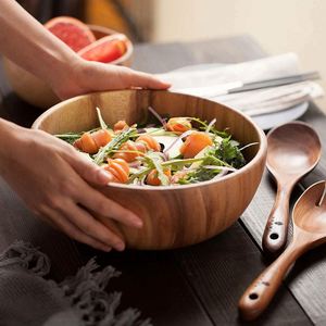 100% All-Natural Eco-Friendly <b>Extra</b> <b>Large</b> Acacia Wood Salad Bowl Set with Spoon Polished 3-Piece Custom Logo Silk Screen <b>Printed</b> - Product Image 3