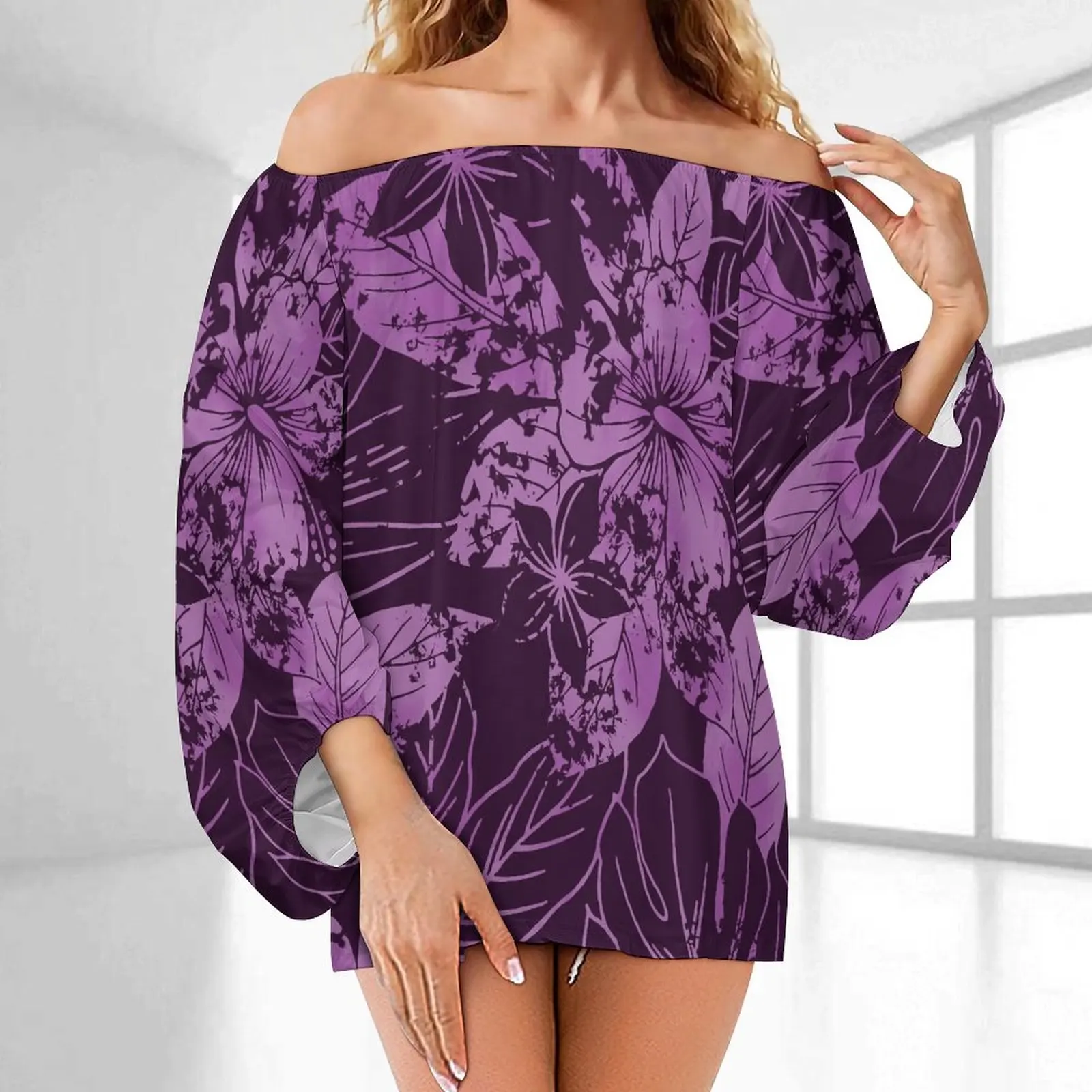 top quality factory outlet purple hibiscus flowers print women's off shoulder tops polynesian sexy blouse women