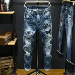 מכירה לוהטת חדש גברים אופנה ג 'ינס biker ינס צפצף פראי ג' ינס בד במצוקה תרסיס צבע ripped slim fit שתוקנה מכנסיים ג 'ינס