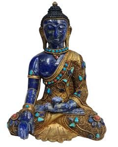 Lapis Lazuli Handcrafted Brass <b>Gold</b> Filigree Buddha <b>Statue</b> Sculpture Handmade Home Decor India Rudra Gems Brand Casting - Product Image 5