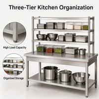 Table de préparation de cuisine en acier inoxydable SUS304, 2 niveaux de rangement, capacité de charge de 500 kg/m, finition polie pour usage commercial, durable