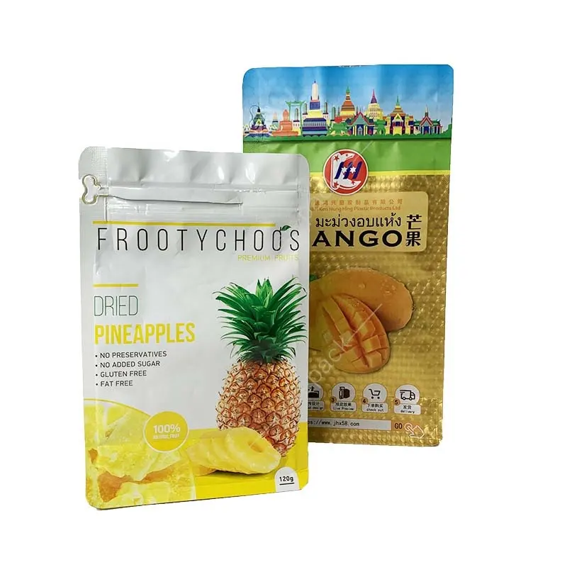 Embalagem de abacaxi mango seca reutilizável, embalagem personalizada, parte inferior quadrada, oito saco selado lateral com zíper fácil de rasgar