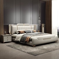 Lit double 1,8m/1,5m de style italien nordique pour chambre principale, moderne et minimaliste, avec rangement, lit de mariage haut de gamme en cuir véritable et bois
