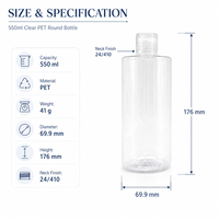 Botella de PET Transparente de 550 ml para Champú, Gel de Ducha, Loción, Recargable, con Tapa de Rosca, Envase Cilíndrico para Hogar, Salón, Spa