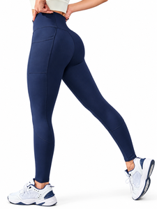 High Waist Tummy Control Yoga <b>Leggings</b> Full Length Solid Navy Blue Seamless Breathable Four-Way Stretch <b>Pockets</b> for <b>Gym</b> Fitness - Product Image 1