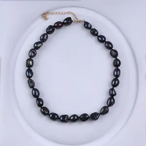 Berlangsung Elegan Grosir Air Tawar 8-9Mm Hitam Mutiara Baroque Kalung untuk Wanita