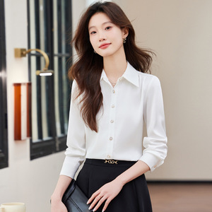 Women's White Satin Shirt Long Sleeve Solid Color Workwear Professional Blouse For Office Wear - Product Image 1