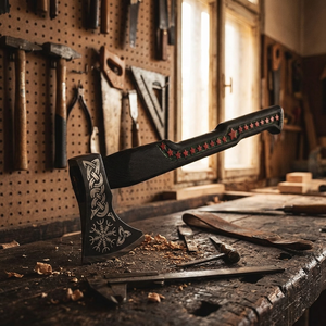 Viking Tomahawk <b>Axe</b> Forged Steel Blade Wood <b>Handle</b> Red Star Inlay Survival Hatchet Outdoor Use - Product Image 3