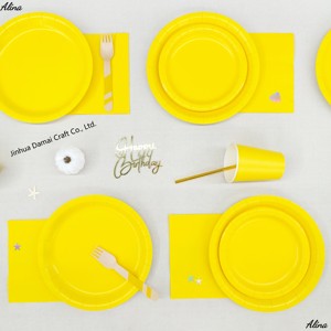 ชุดภาชนะใช้แล้วทิ้งสีเหลืองเรียบง่าย DAMAI สำหรับงานปาร์ตี้ งานวันเกิด กิจกรรมแคมป์ปิ้ง ของตกแต่งโต๊ะ กระดาษเช็ดปาก แก้ว จาน - Product Image 2