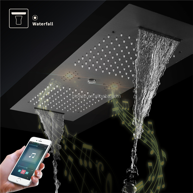 Music LED Shower Heads SUS304 Black 36*12inch Waterfall Shower Ceiling Embedded Bathroom Shower System