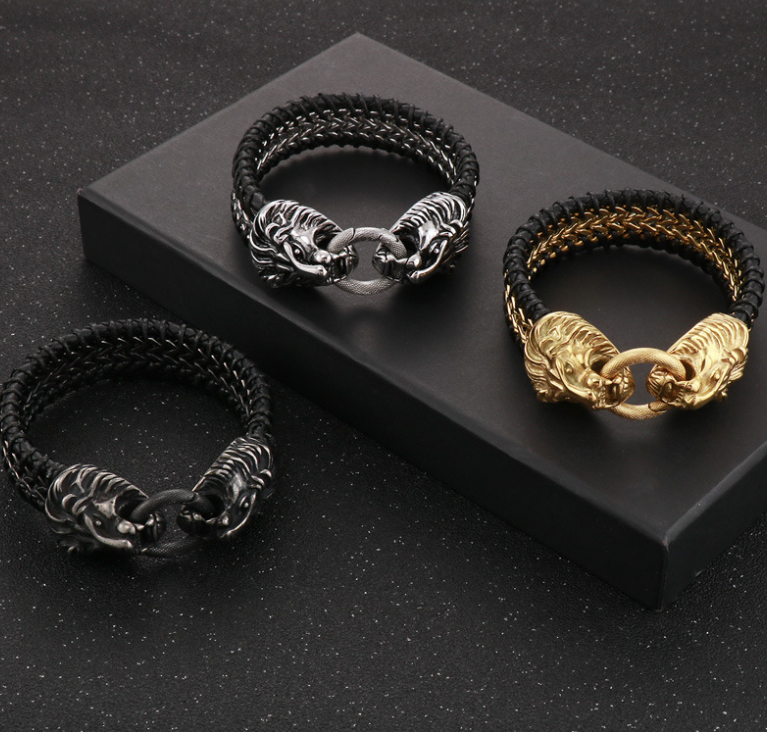 Bracciale Uomo Con Perla Testa Di Leone Nera - Braccialetto Diffusore In Pietra, Moda Unisex - 2