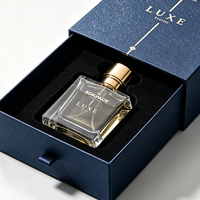 Boîte cadeau de luxe personnalisée pour parfum, en carton rigide bleu foncé texturé, avec logo en feuille d'or, emballage coulissant pour flacon de parfum