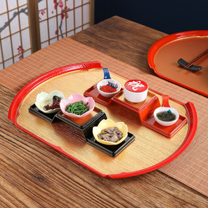 Plateau semi-circulaire irrégulier rouge et doré, assiette à dessert et pâtisserie pour hôtel, assiette de présentation pour la cuisine japonaise et coréenne, restauration rapide - Product Image 1