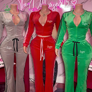 Custom Casual Fluwelen 2-delige Set Dames Outfit Gestreepte Lange Mouwen Rits Cropped Top en Flare Broek Tweedelige Set Dameskleding - Product Image 1