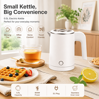 Mini bouilloire électrique 0,5 L 800 W en acier inoxydable sans soudure, chauffe-eau personnel de voyage, blanc mat, prise UE, OEM